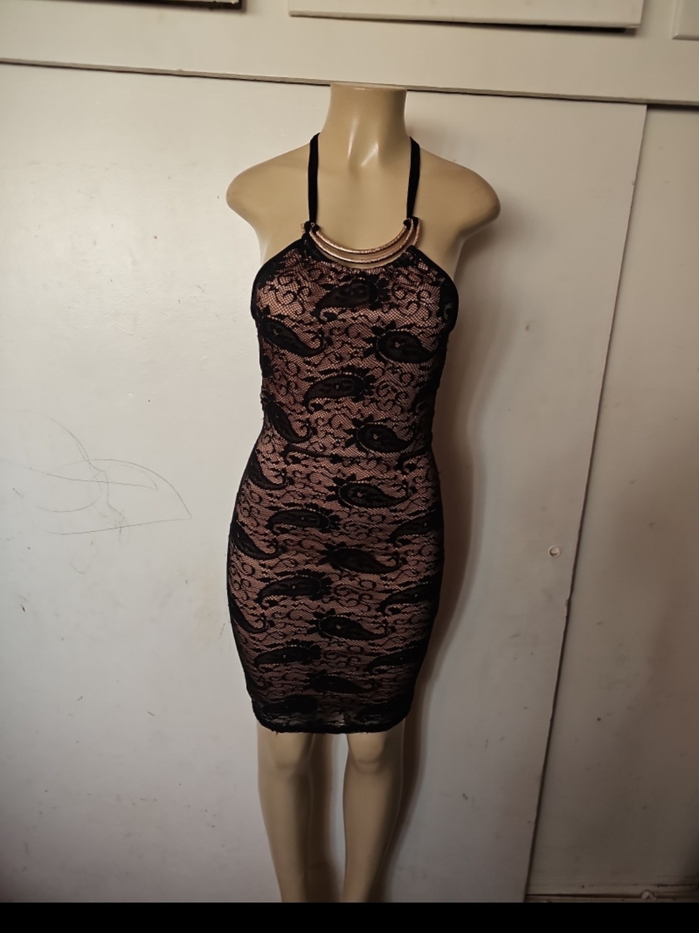 Sleeveless Black Lace Overlay Midi Dress with Nude Lining